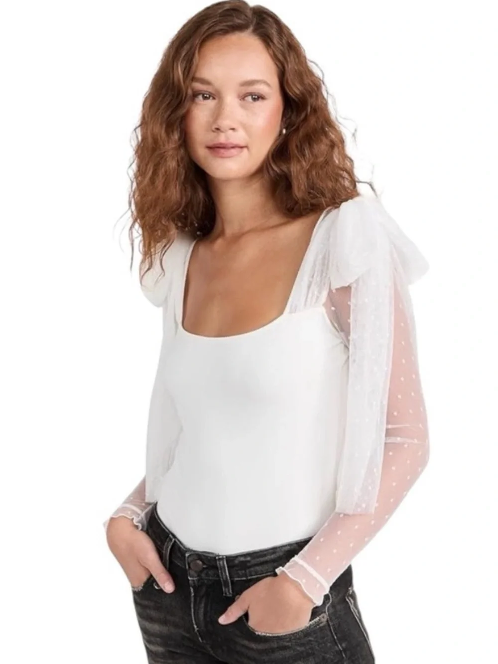 Free People White Sheer Polka-Dot Backless Bodysuit Dress - Picture 3 of 8